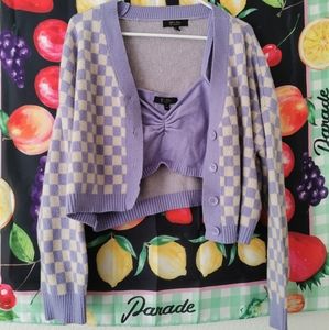 2 piece cardigan and cropped tank pink and purple checkers set women's XL